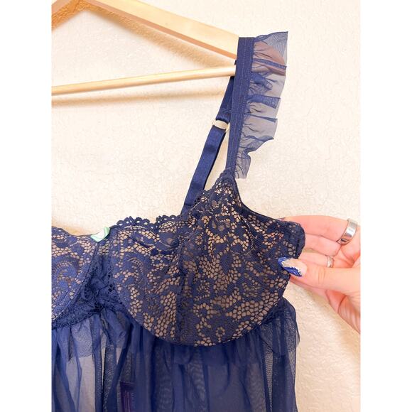 NEW Adore Me Keara Babydoll Chemise Cami 1X Navy Blue Lingerie Underwire Ruffle - Picture 4 of 6